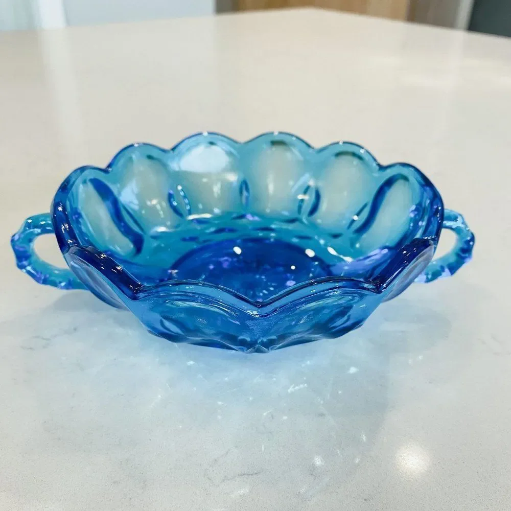 Vintage 1960s-1970s Anchor Hocking Fairfield Blue Double Handled Glass Dish